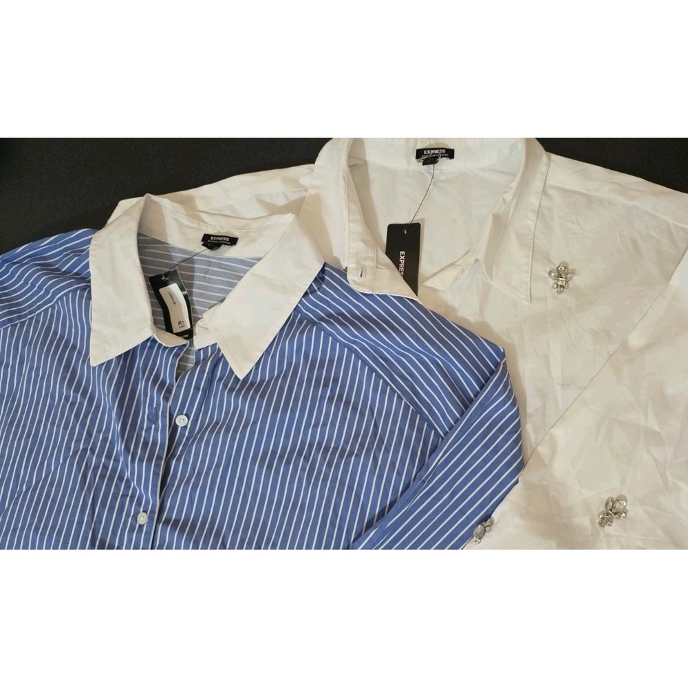 2 NWT Express Poplin Embellished Boyfriend Crop Portofino Button Up Shirt Sz L